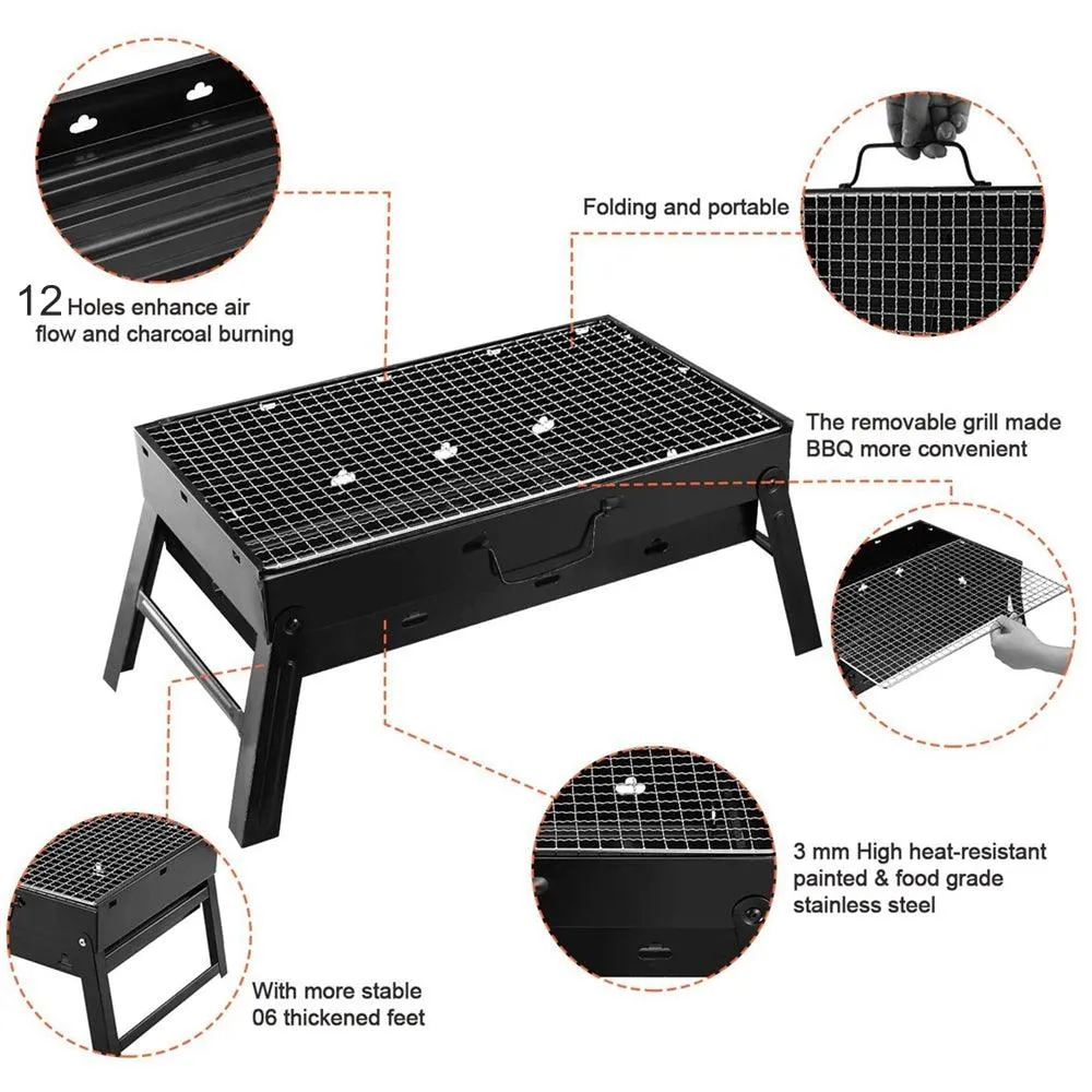 Barbecue Charcoal Grill Foldable BBQ Grill Charcoal Barbecue Smoker Grill Tabletop Stoves Grill for Outdoor Cooking Camping Hiking Garden Party 16.9'' 8.6''11.4''(Unfolded) Black, photo 6 of 8
