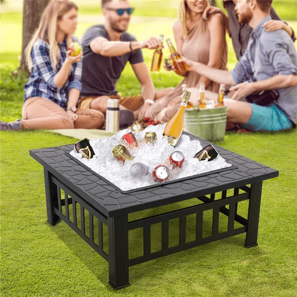 Topeakmart 32'' Outdoor Metal Fire Pit Square Garden Stove Brazier for Barbecue, Heating, Cooling Drinks w/Cover & Poker Black, photo 12 of 12