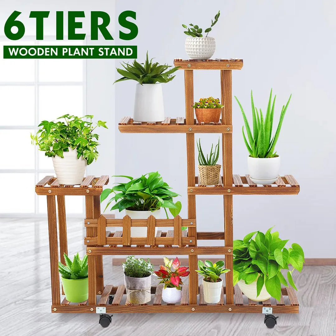 6 Tier  With Wheels Pot Flower Wooden Plant Stand Movable Shelf Wood Planters Shelving Rack Raised Garden Beds for Indoors Outdoor Patio Yard Home Decoration, photo 3 of 10