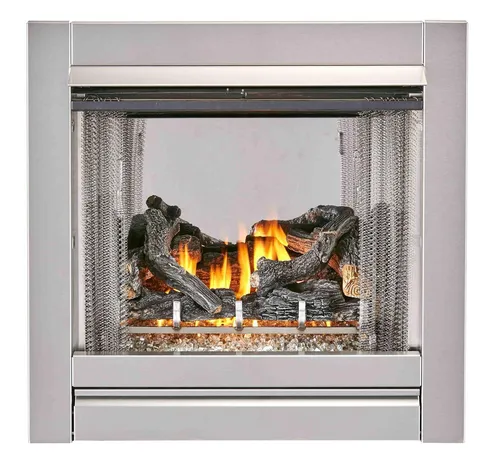 Vent Free Stainless Outdoor Gas Fireplace Insert With Fire Glass Media and Log Set - 24,000 BTU