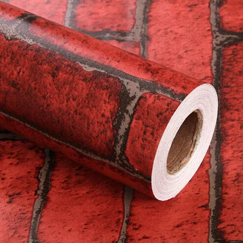 1M/ 5M/ 10M Self-Adhesive Wallpaper Red Brown Brick Contact Paper Fireplace Peel-Stick Wall Stickers Door Stickers Counter Top Liners