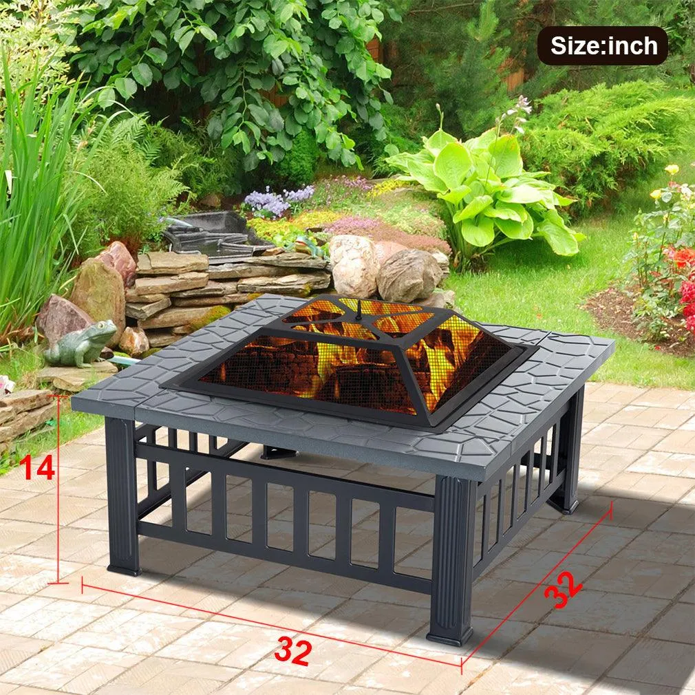 FDW Outdoor fire pit for wood 32" Metal firepit for patio Wood Burning Fireplace Square Garden Stove with Charcoal Rack, Poker & Mesh Cover for Camping Picnic Bonfire Backyard, photo 7 of 7