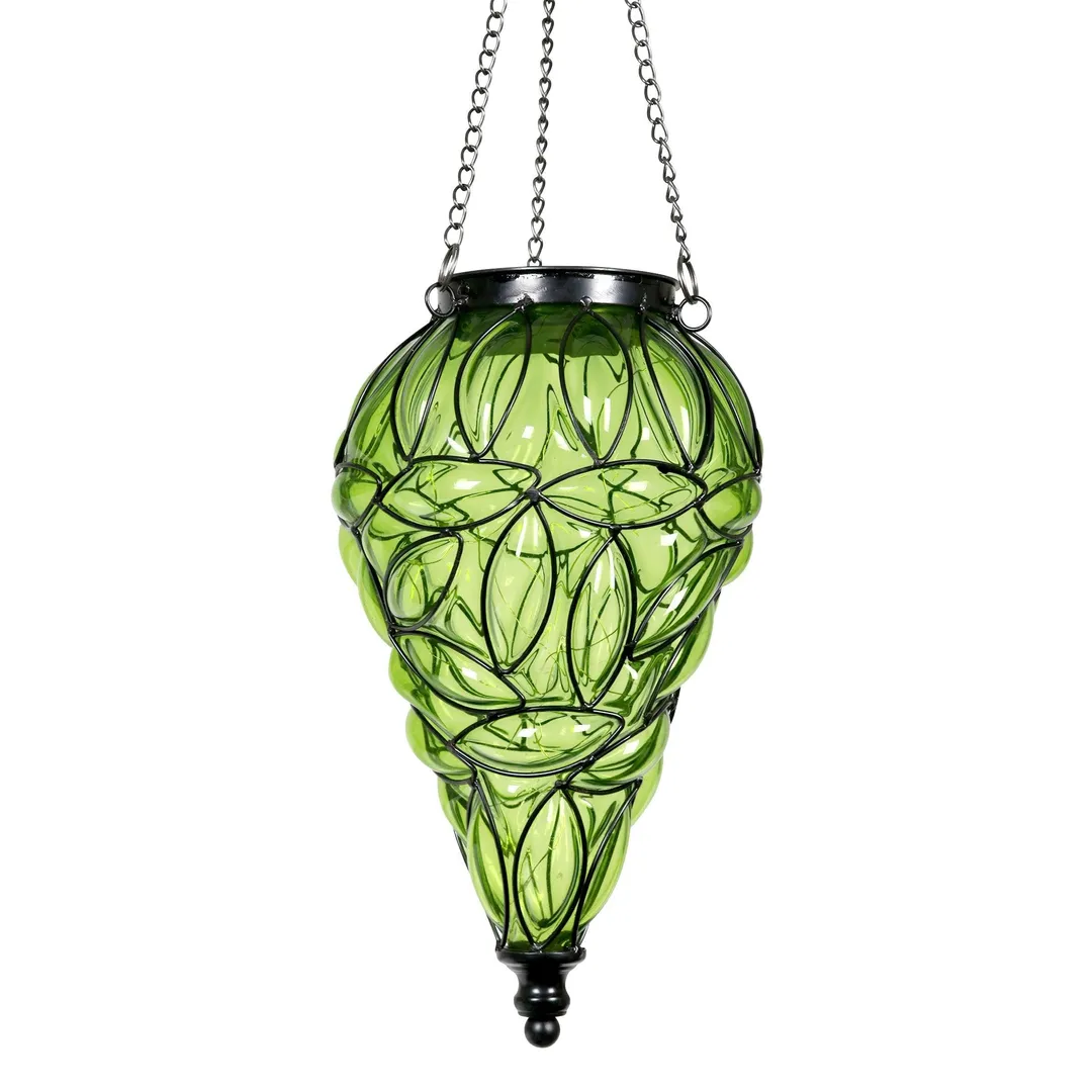 Exhart Solar Tear Shaped Glass and Metal Hanging Lantern in Green with 15 LED Fairy Firefly String Lights, 7 by 24 inches, photo 6 of 6