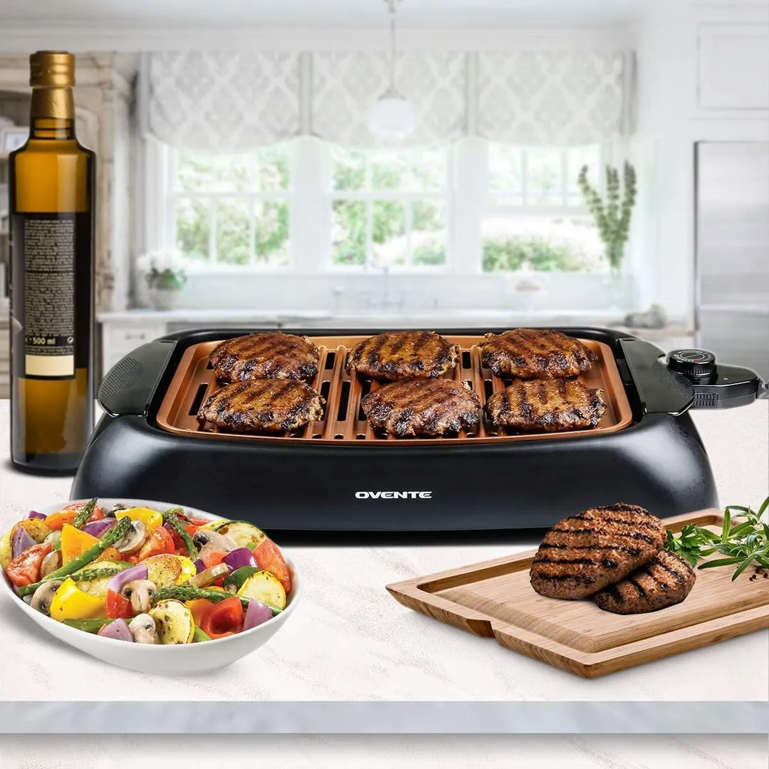 Ovente Electric Cooking Grill 13 x 10 Inch Nonstick Cast Iron Flat Plate with Oil Drip Pan & Temperature Control, Indoor Kitchen or Outdoor Easy Clean Compact for BBQ Grilling Meat, Copper GD1632NLCO, photo 5 of 9
