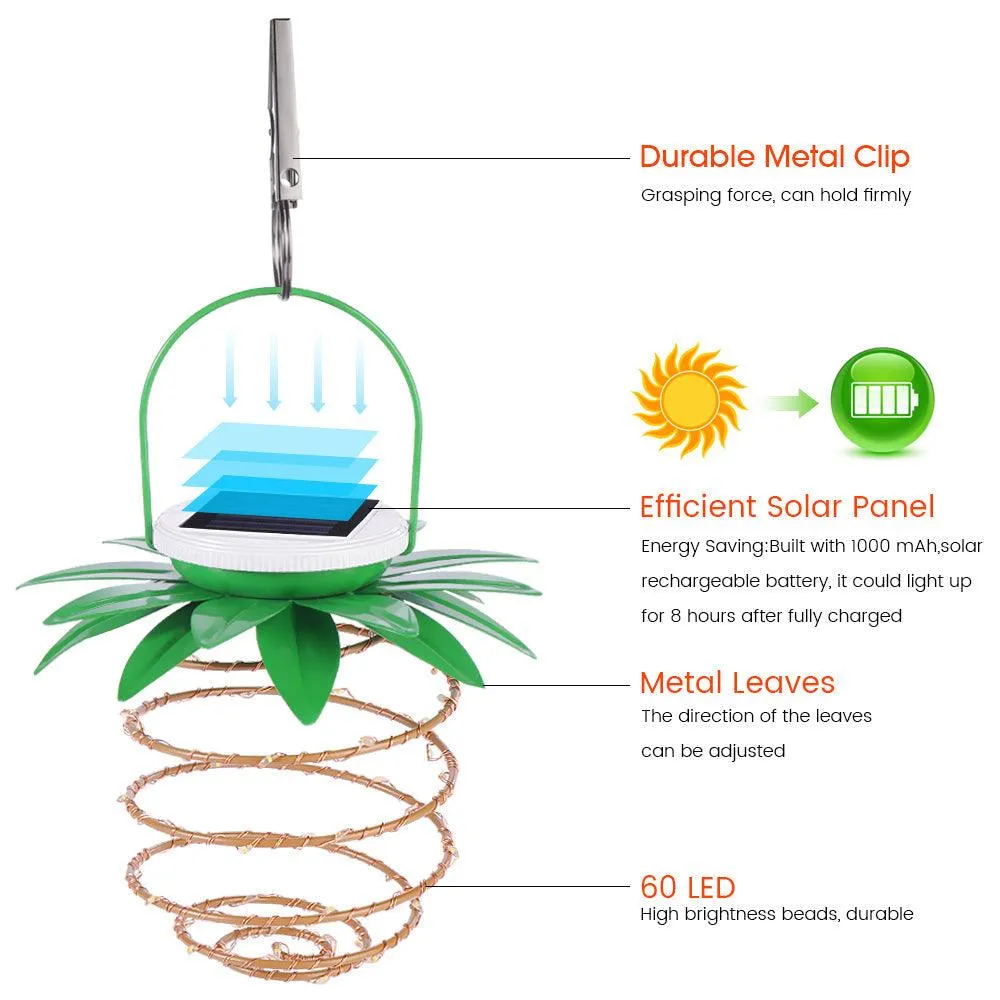 Topchances （2/4/10 Pack）60LED Pineapple Solar Lights Outdoor Hanging Solar Lantern , Waterproof Garden Lights for Patio Landscape Yard Porch Walkway, Warm White, Dusk to Dawn Auto Sensor On Off, photo 2 of 7