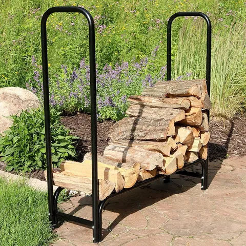 Sunnydaze Log Rack 4' Black Steel Outdoor Firewood Stacker Storage Holder