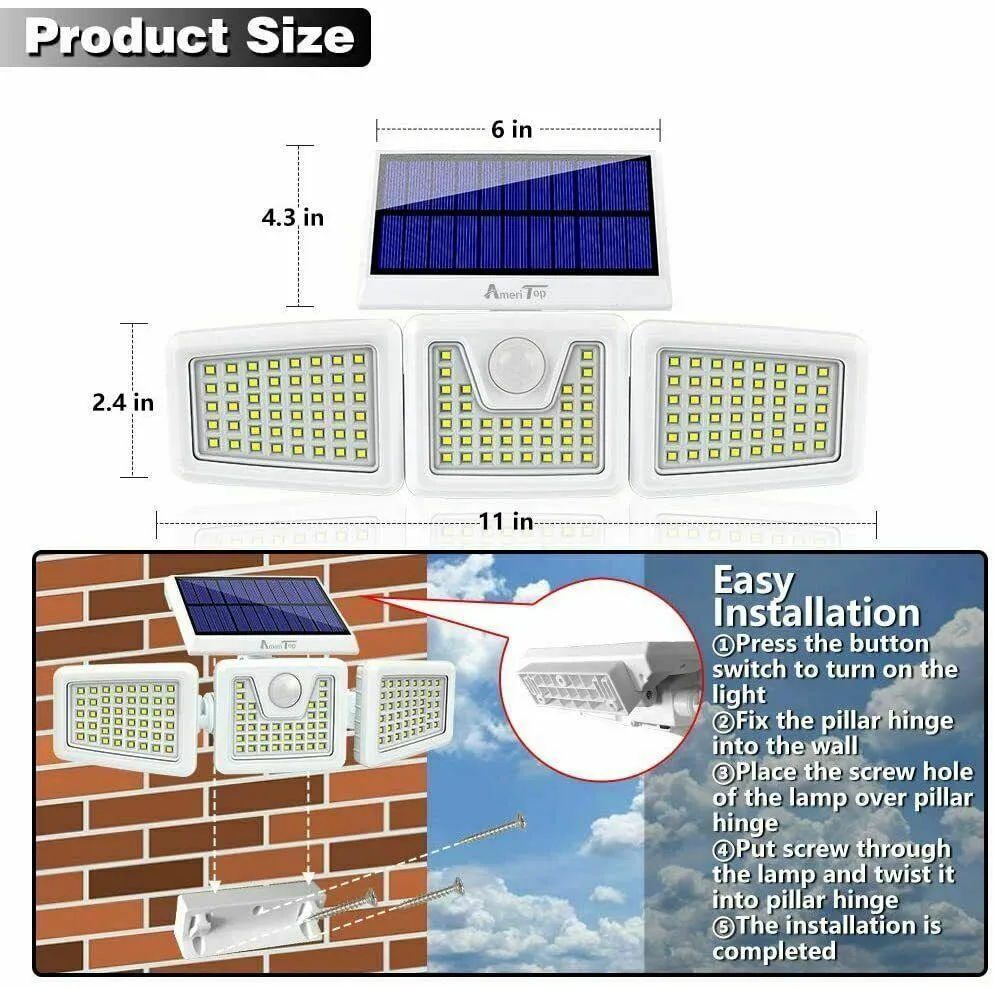 2 Pack - Solar Lights Outdoor, 800LM Wireless LED Solar Motion Sensor Lights Outdoor; 3 Adjustable Heads, 270° Wide Angle Illumination, IP65 Waterproof, Security LED Flood Light, photo 9 of 10