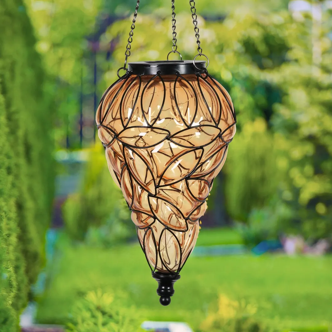 Exhart Solar Tear Shaped Amber Glass and Metal Hanging Lantern with 15 LED Fairy Firefly String Lights, 7 by 24 inches, photo 3 of 6