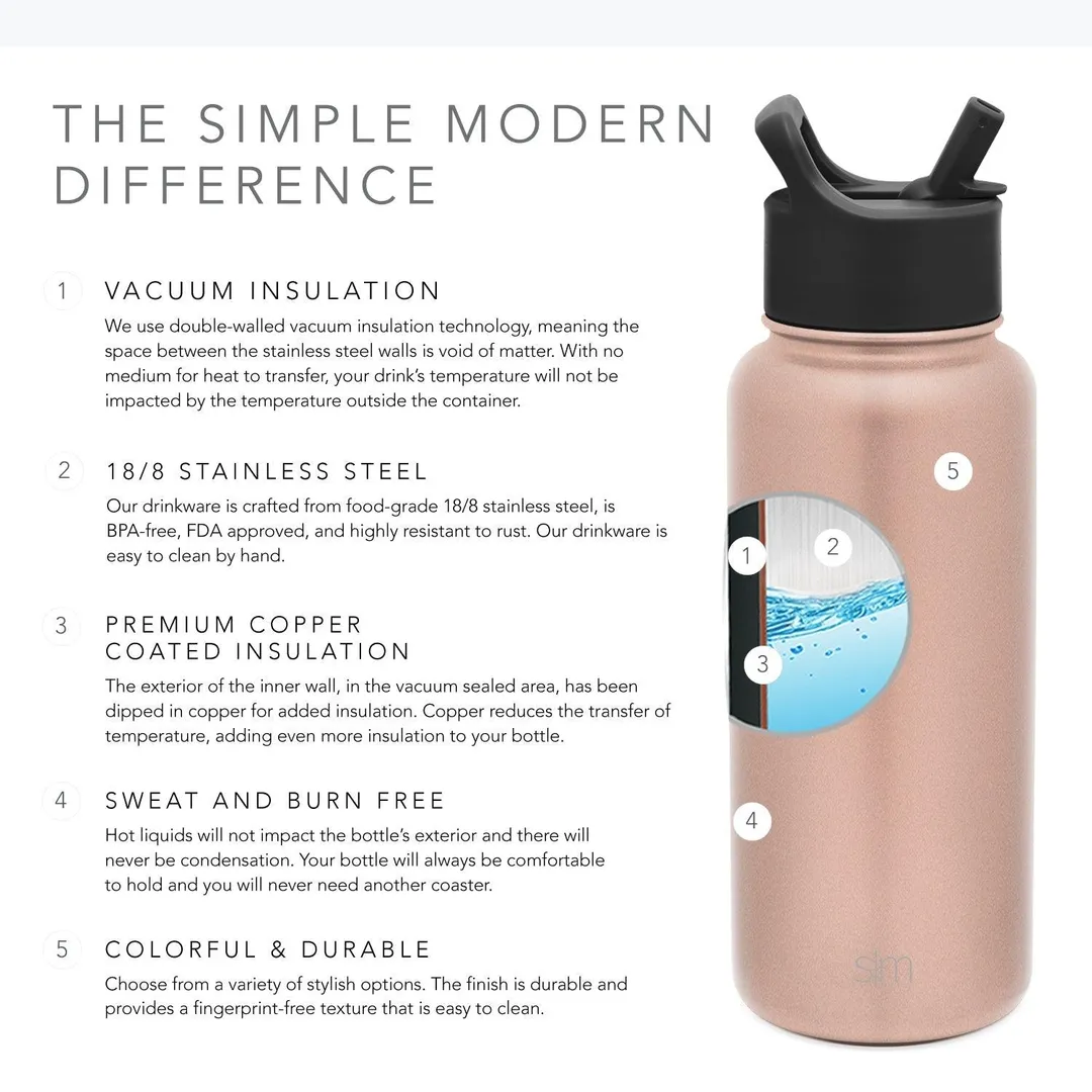 Simple Modern 22 oz Summit Water Bottle with Straw Lid - Gifts for Hydro Vacuum Insulated Tumbler Flask Double Wall Liter - 18/8 Stainless Steel -Rose Gold, photo 5 of 7