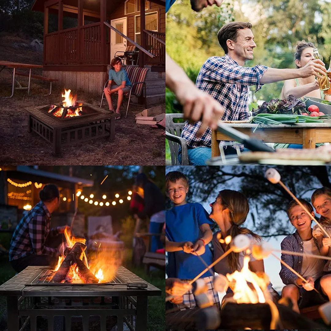 Cisvio Fire Pit Outdoor BBQ Square Metal Table Patio Garden Stove Wood Burning Fireplace, photo 4 of 5