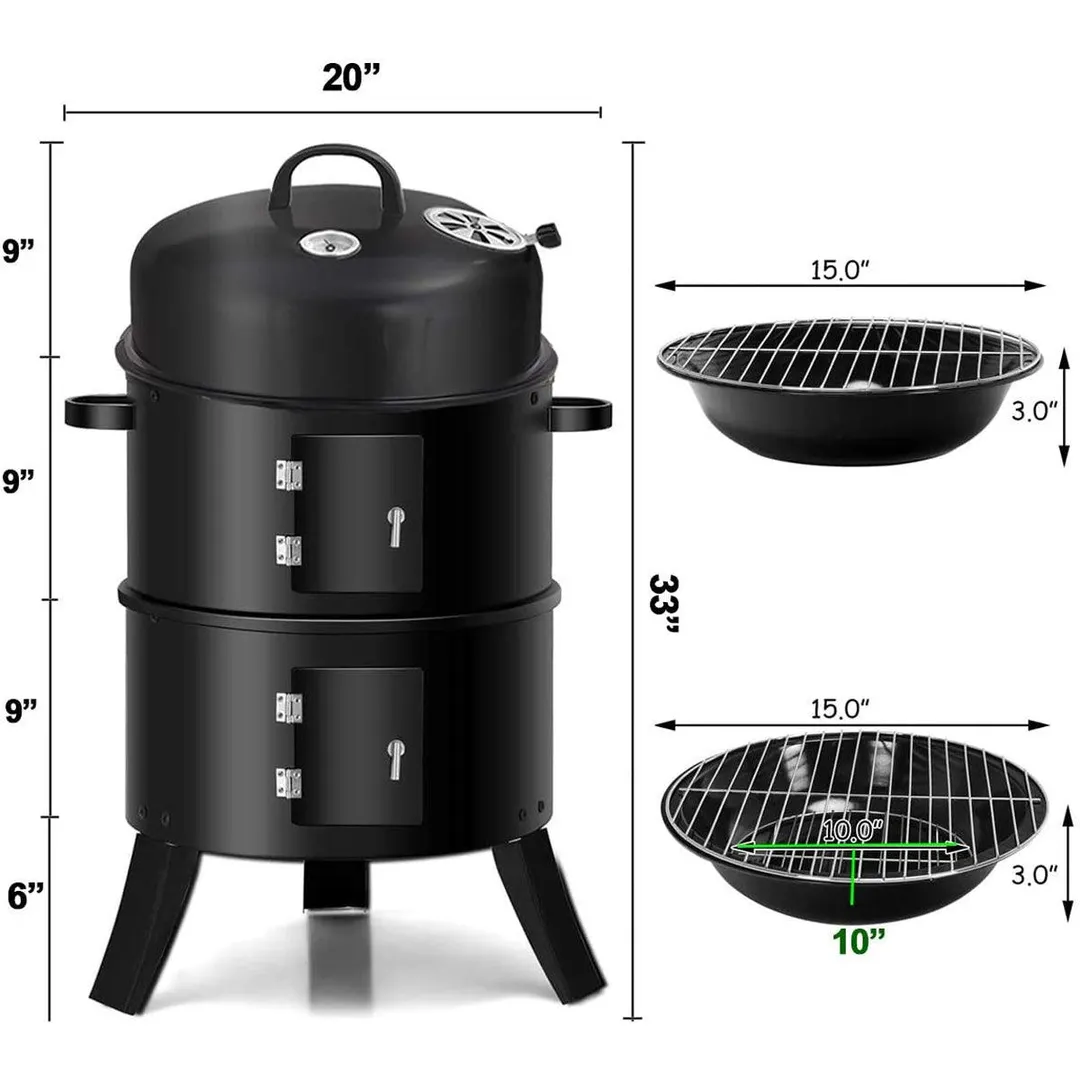 Portable Charcoal Grill 2 tier Outdoor Stove Grills Multifunctional Fire Pit 20" Complete Smoker for Camping Barbecue, Black, photo 6 of 7