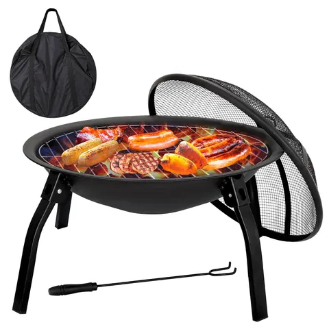 Round Home Yard Indoor Outdoor Barbecue Iron Fire Pit - φ22" Fire Bowl with Fire Pit Cover and Carry Bag