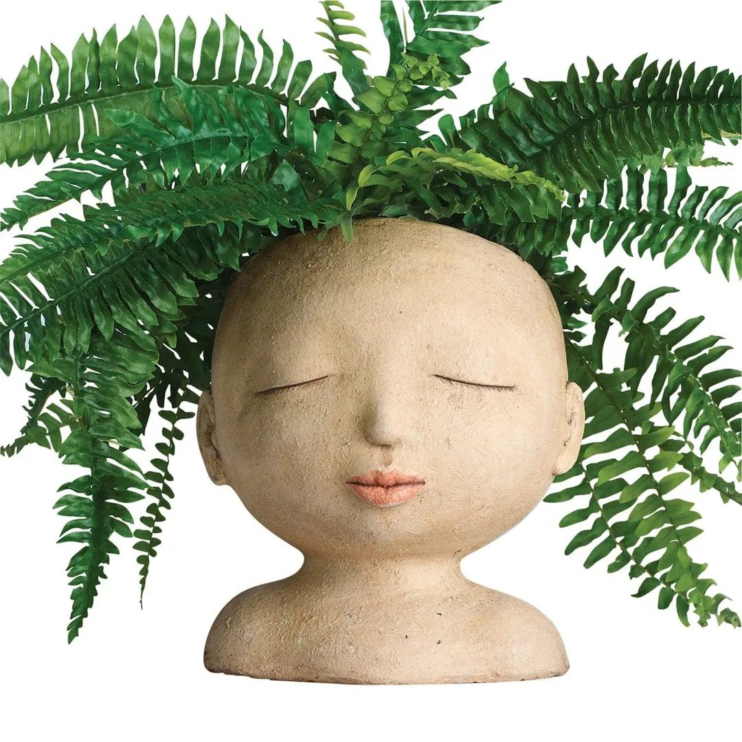 Art & Artifact Head of a Lady Indoor/Outdoor Planter - Handpainted Zen Buddha Face of Resin - Plants Look Like Hair, 9" Tall, photo 3 of 6