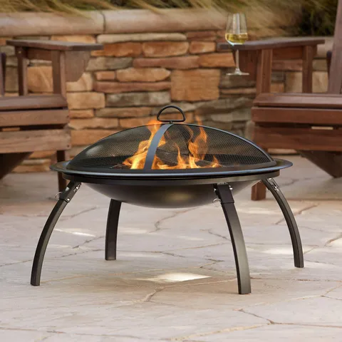 Black Outdoor Fire Pit Round 26" Steel Wood Burning Foldable Legs with Spark Screen and Fire Poker for Outside Backyard Patio Camping