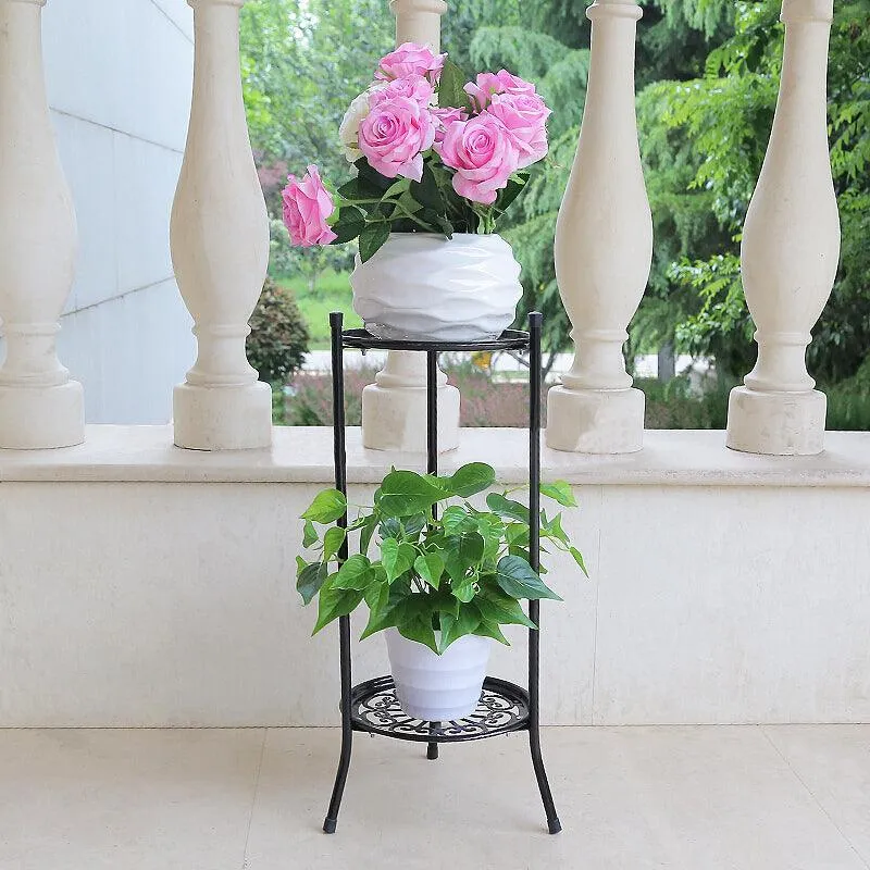 2 Tier Metal Plant Stand, Round Flower Pot Rack Planter Holder Modern For Garden Patio Indoor/Outdoor Black White, photo 2 of 8