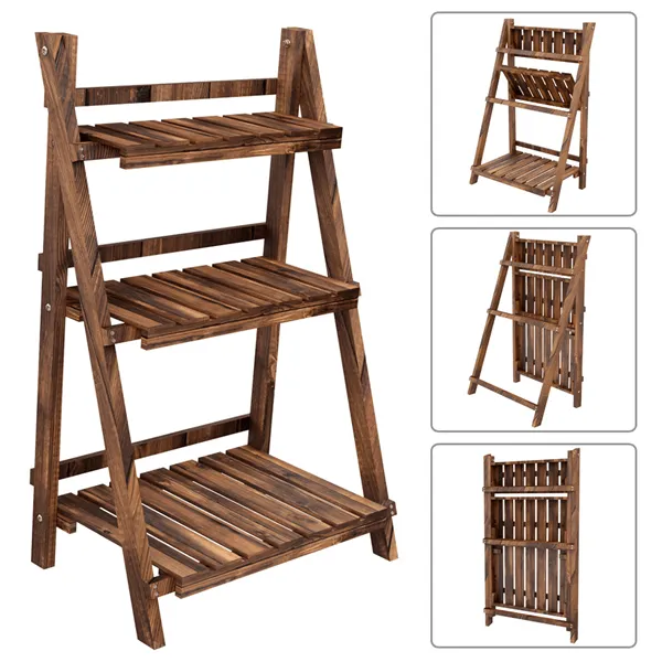 3 Tier Folding Wooden Flower Stand Plant Display Stand Nature Plant Shelf for Living Room Balcony Patio Yard Indoors & Outdoors, photo 8 of 13