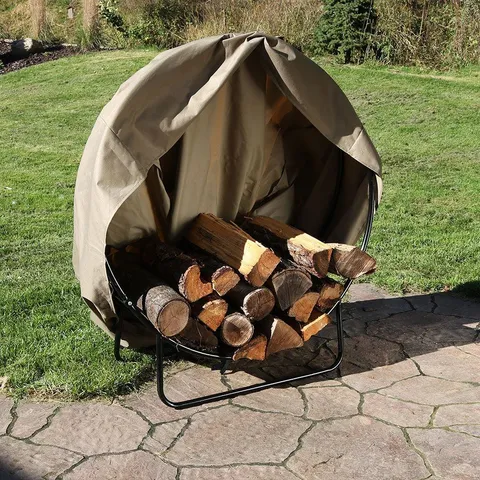 Sunnydaze Firewood Log Hoop Holder with Khaki Cover Outdoor Black Steel - 24"