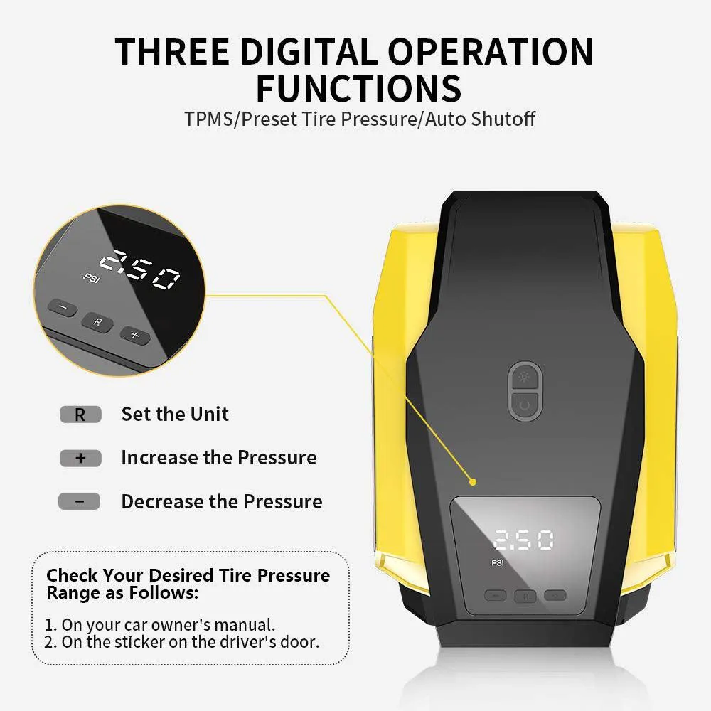Peroptimist Tire Inflator, Air Compressor Pump, 12V DC Portable Auto Tire Pump with Digital Display up to 151PSI for Car, Bicycle and Other Inflatable, photo 3 of 8