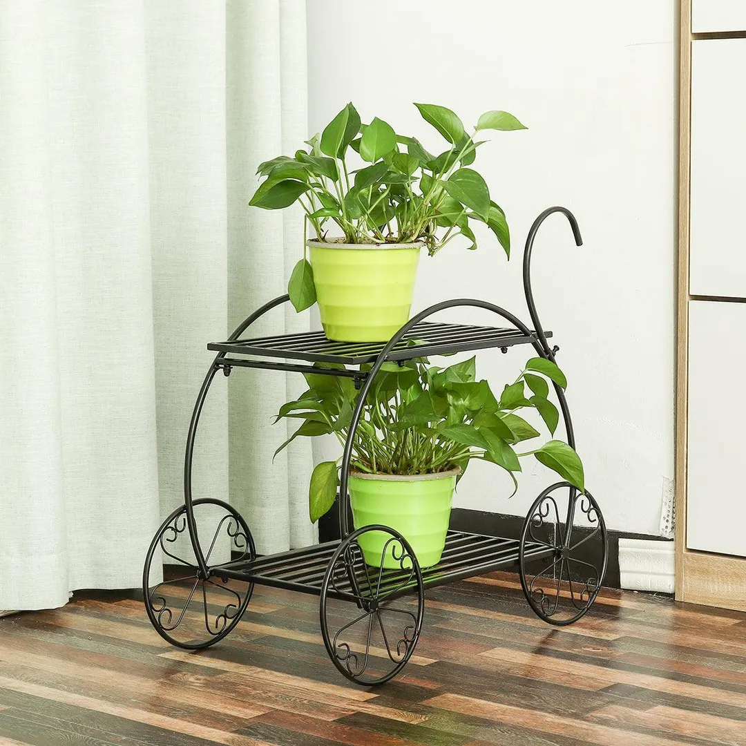 Indoor Outdoor Plant Stand, Cart Shape Metal Potted Plant Holder, Rustproof Iron Art Flower Pot Holder, Decorative Plant Holder for Home, Garden, Patio, Housewarming, photo 3 of 10