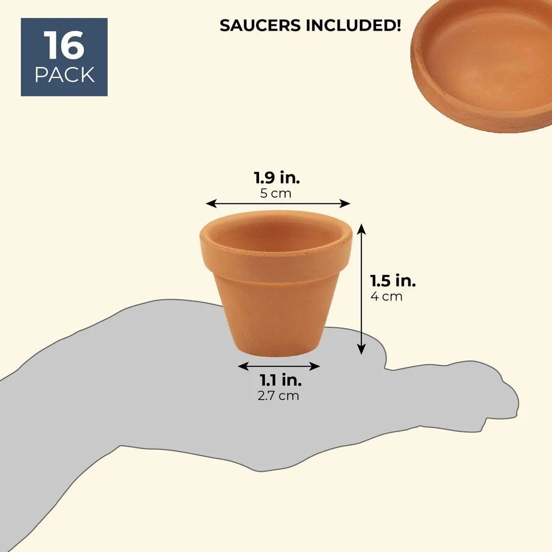 16-Pack Terra Cotta Pots with Saucer, Mini Small Terracotta Flower Clay Pots Planters with Saucer Ceramic Pottery Nursery Indoor Outdoor Gardening for Cacti & Succulent Plants, Brown 1.9 x 1.5 inches, photo 2 of 8