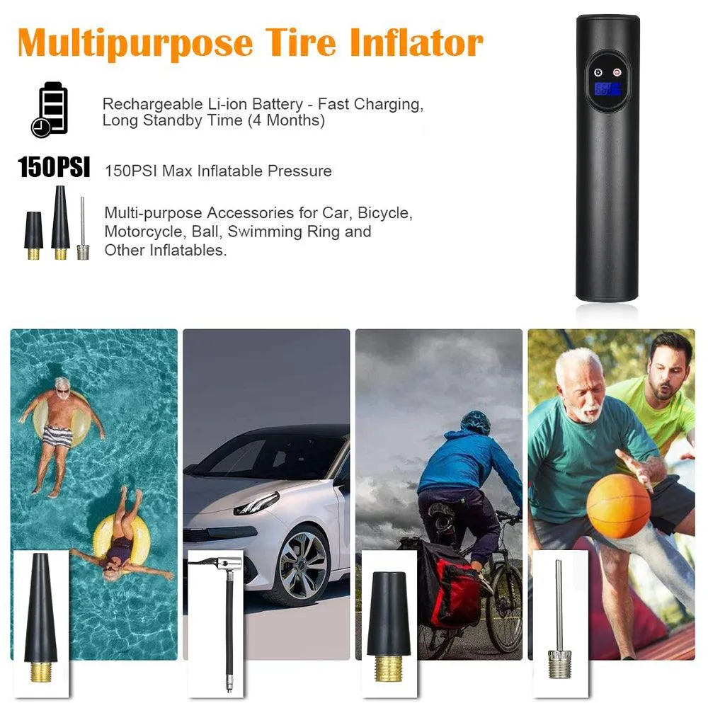 Anself Portable Air Compressor Mini Air Inflator Handheld Tire Pump Cordless Electric Air Pump for Ball Bicycle and Car Tire 2000mAh with Digital LCD LED Light 12V AC DC Lithium Battery 150PSI, photo 4 of 7