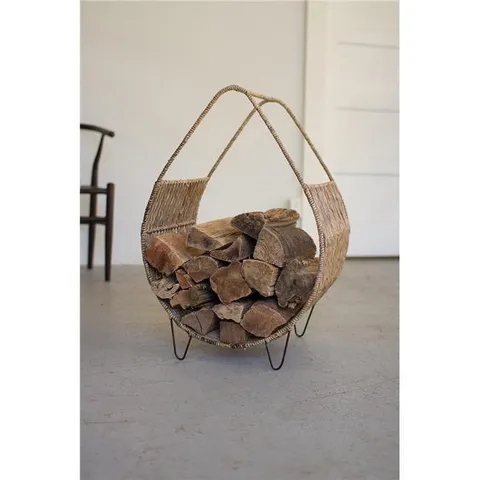 A5978 20 × 16.5 × 30 in Woven Rush & Metal Firewood Rack with Tall Handle