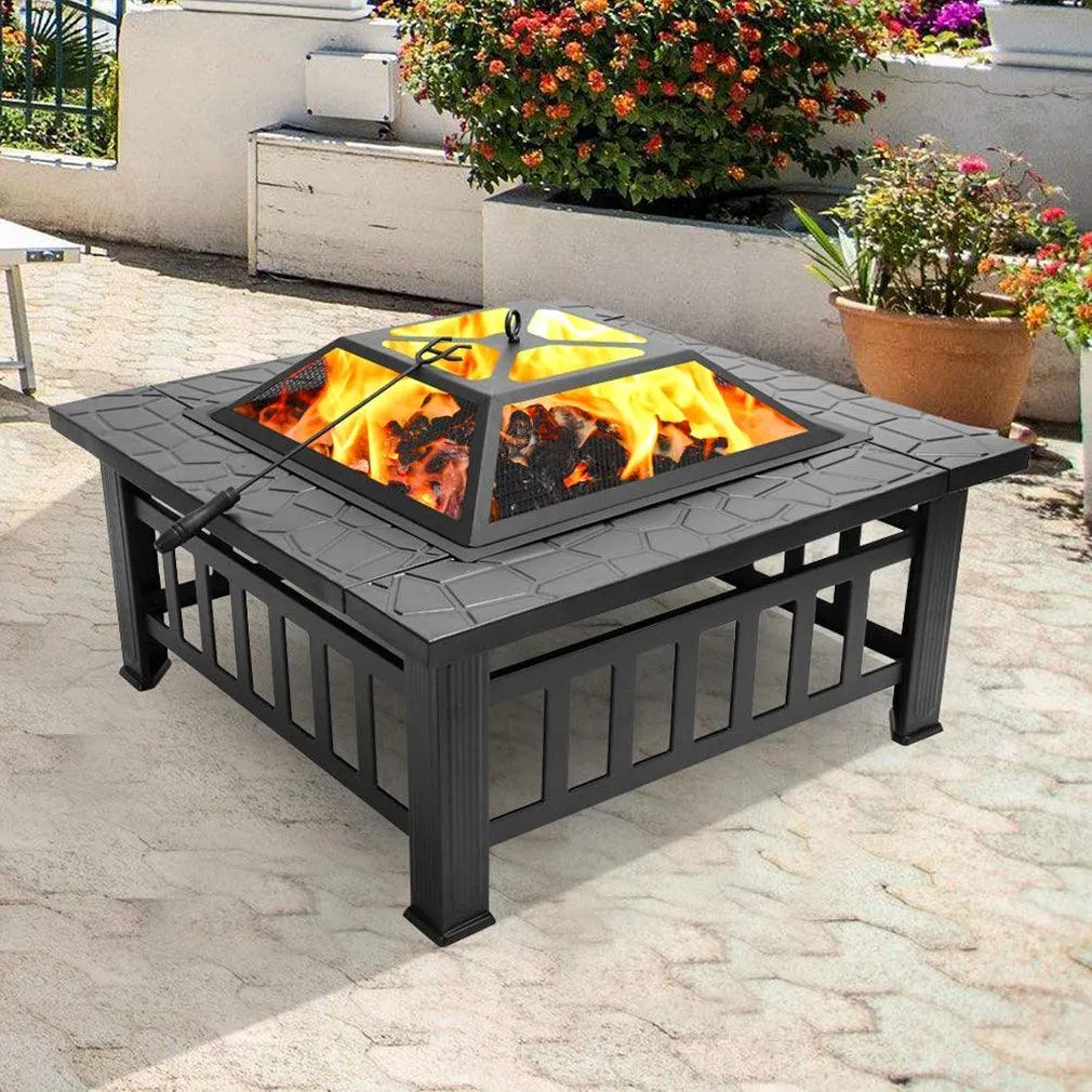 FDW Outdoor fire pit for wood 32" Metal firepit for patio Wood Burning Fireplace Square Garden Stove with Charcoal Rack, Poker & Mesh Cover for Camping Picnic Bonfire Backyard, photo 5 of 7