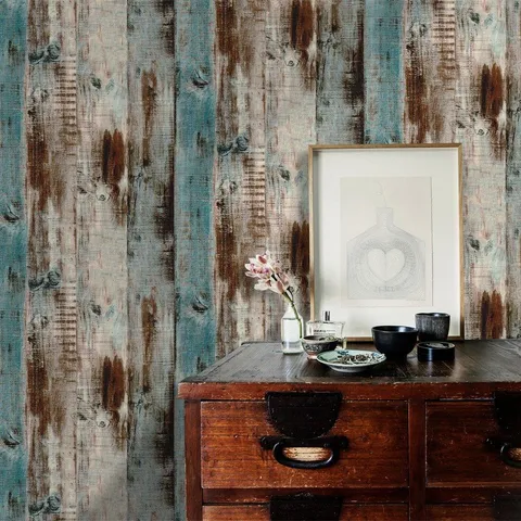 Vintage Woods Panel Wallpaper Rolls Blue/Brown Peel and Stick Wall Paper Murals Barnwood 17.7 in × 19.7 ft