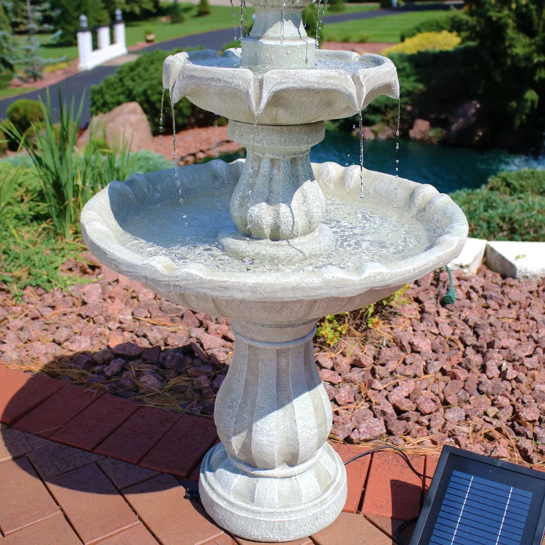 Sunnydaze Decor Sunnydaze 2-tier Solar Outdoor Water Fountain with Battery - 35" - White Finish, photo 4 of 7