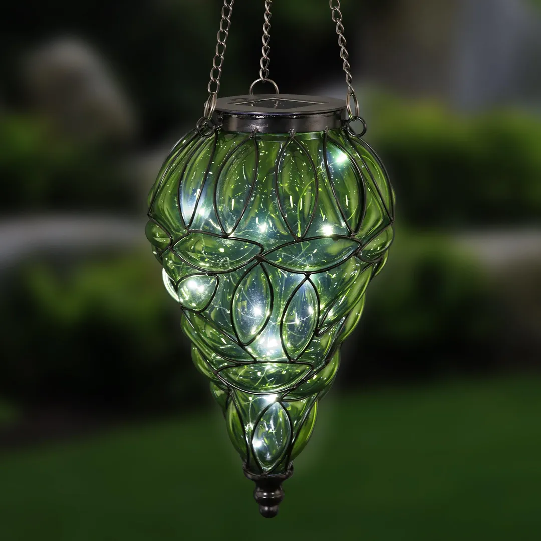 Exhart Solar Tear Shaped Glass and Metal Hanging Lantern in Green with 15 LED Fairy Firefly String Lights, 7 by 24 inches, photo 2 of 6