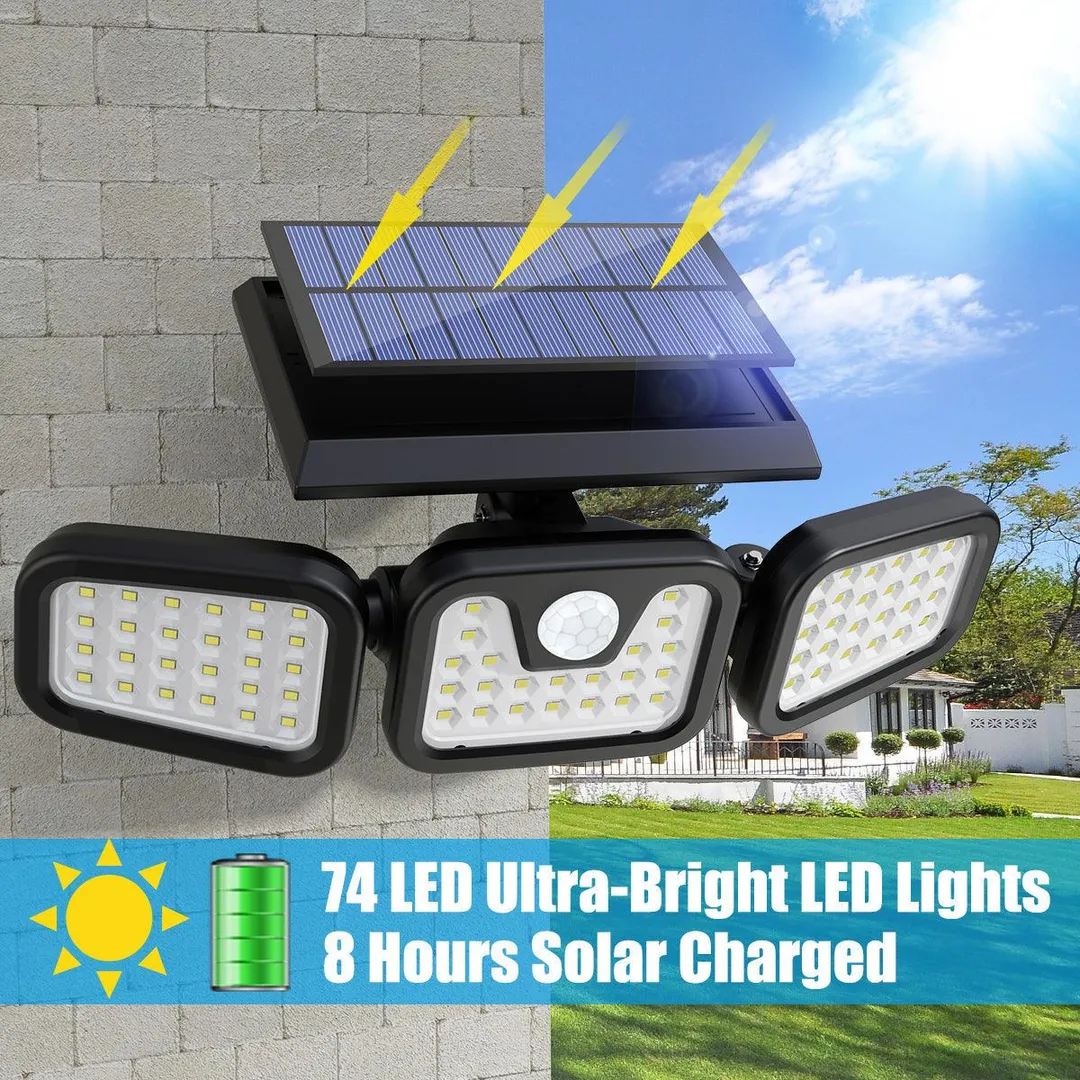 Cshidworld 74LED Solar Lights Outdoor, Wireless Solar Wall Lamp Motion Sensor Security Lights IP65 Waterproof 3 Adjustable Heads 270° Wide Angle Illumination LED Flood Light Spotlights- Porch Garden Patio Garage, photo 2 of 8