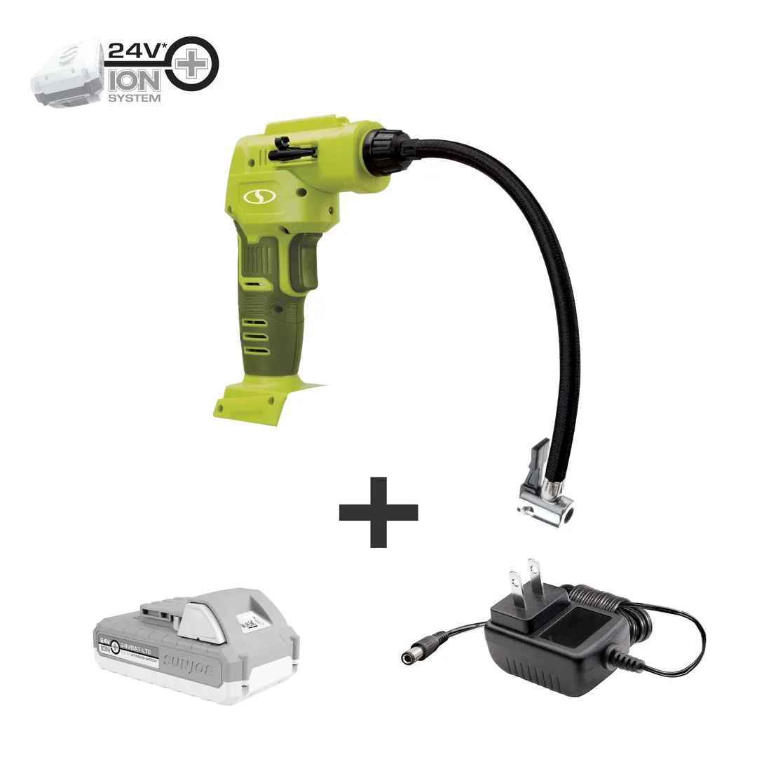 Sun Joe 24V-AJC-LTE Cordless Portable Air Compressor with Nozzle Adapters, Automatic Digital Pressure Gauge, Built-in LED Light & Case | 24-Volt | 2.0-Amp (Green), photo 6 of 6