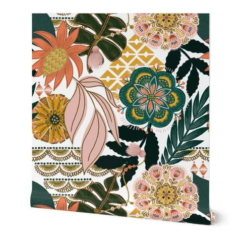 Wallpaper Roll Bohemian Tropical Leaves Floral Pattern Boho 24 in × 27 ft