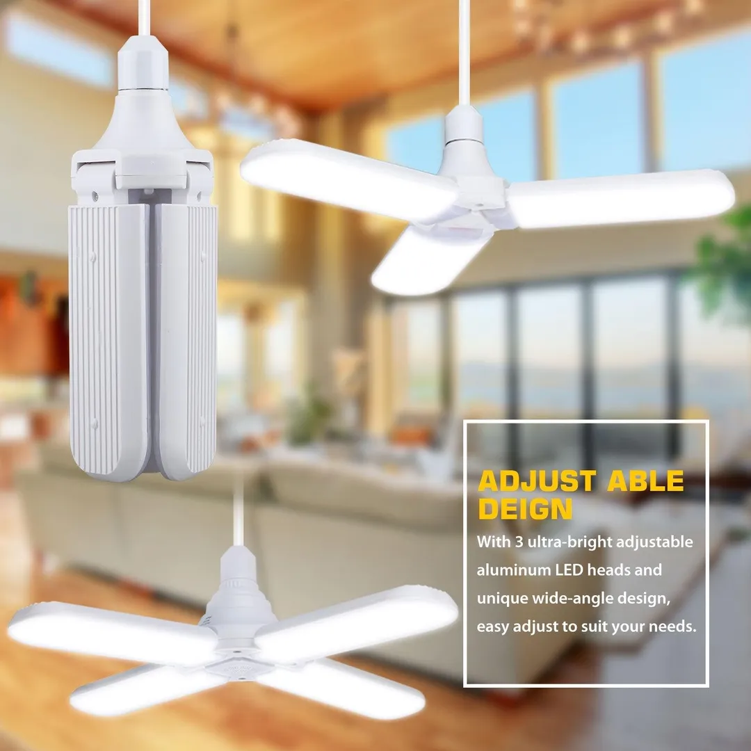 Stoneway 60W LED Garage Lights, Trilights LED Garage Ceiling Lighting, High Low Bay Deformable Adjustable Led Light Bulbs 5500LM 6000K, Screw in Tribright Garage Lighting Fixture, photo 6 of 10