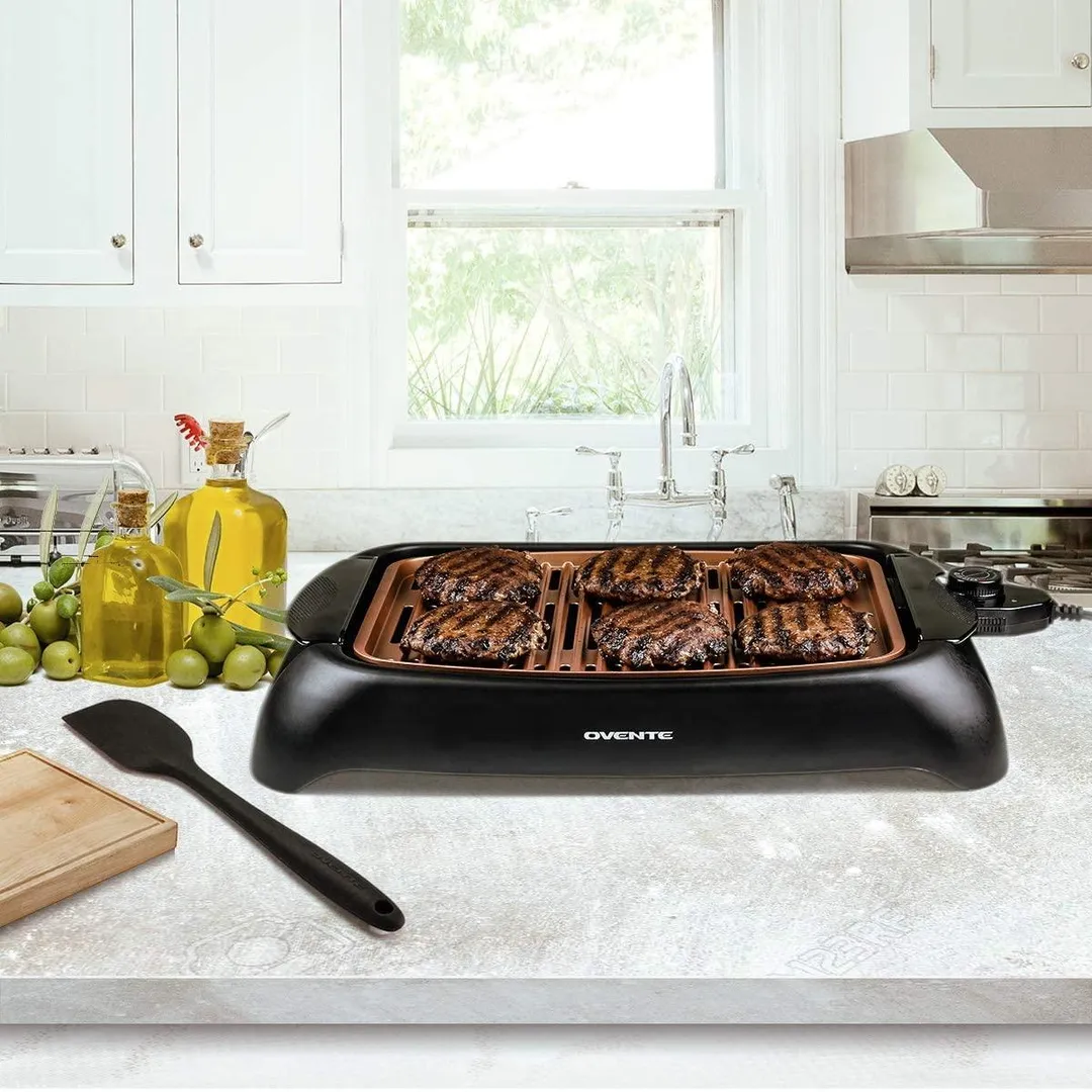 Ovente Electric Cooking Grill 13 x 10 Inch Nonstick Cast Iron Flat Plate with Oil Drip Pan & Temperature Control, Indoor Kitchen or Outdoor Easy Clean Compact for BBQ Grilling Meat, Copper GD1632NLCO, photo 6 of 9