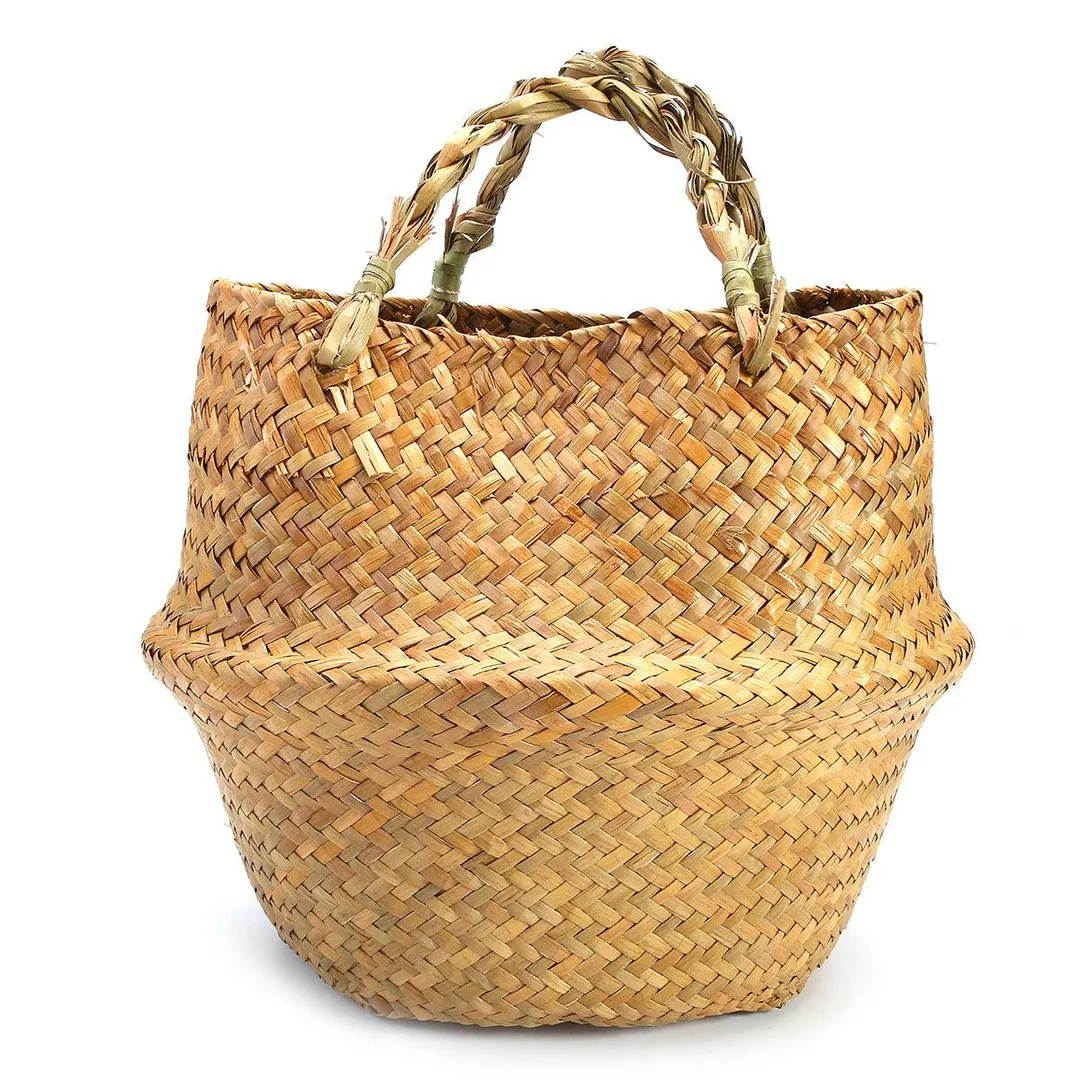Set of 2 Handmade Rustic Storage Baskets Foldable Laundry Straw Patchwork Wicker Rattan Seagrass Belly Garden Flower Pot Planter Basket Garden Accessories, photo 7 of 10