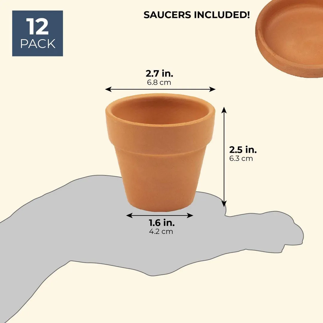 12-Pack Terra Cotta Pots with Saucer, Mini Small Terracotta Flower Clay Pots Planters with Saucer Ceramic Pottery Nursery Indoor Outdoor Gardening for Cacti & Succulent Plants, Brown 2.7 x 2.5 inches, photo 2 of 7