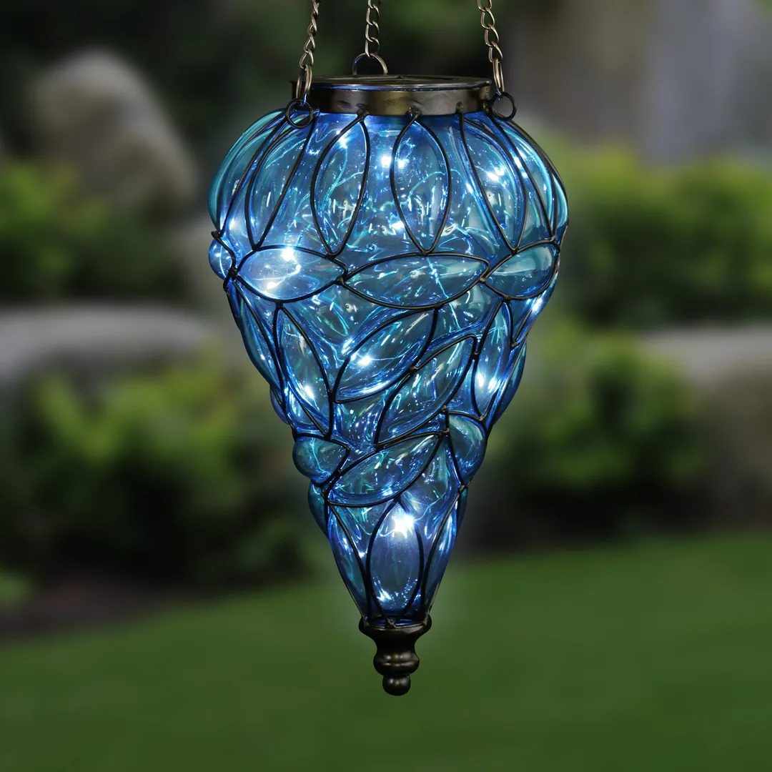 Exhart Solar Tear Shaped Glass and Metal Hanging Lantern in Blue with 15 LED Fairy Firefly String Lights, 7 by 24 inches, photo 2 of 6