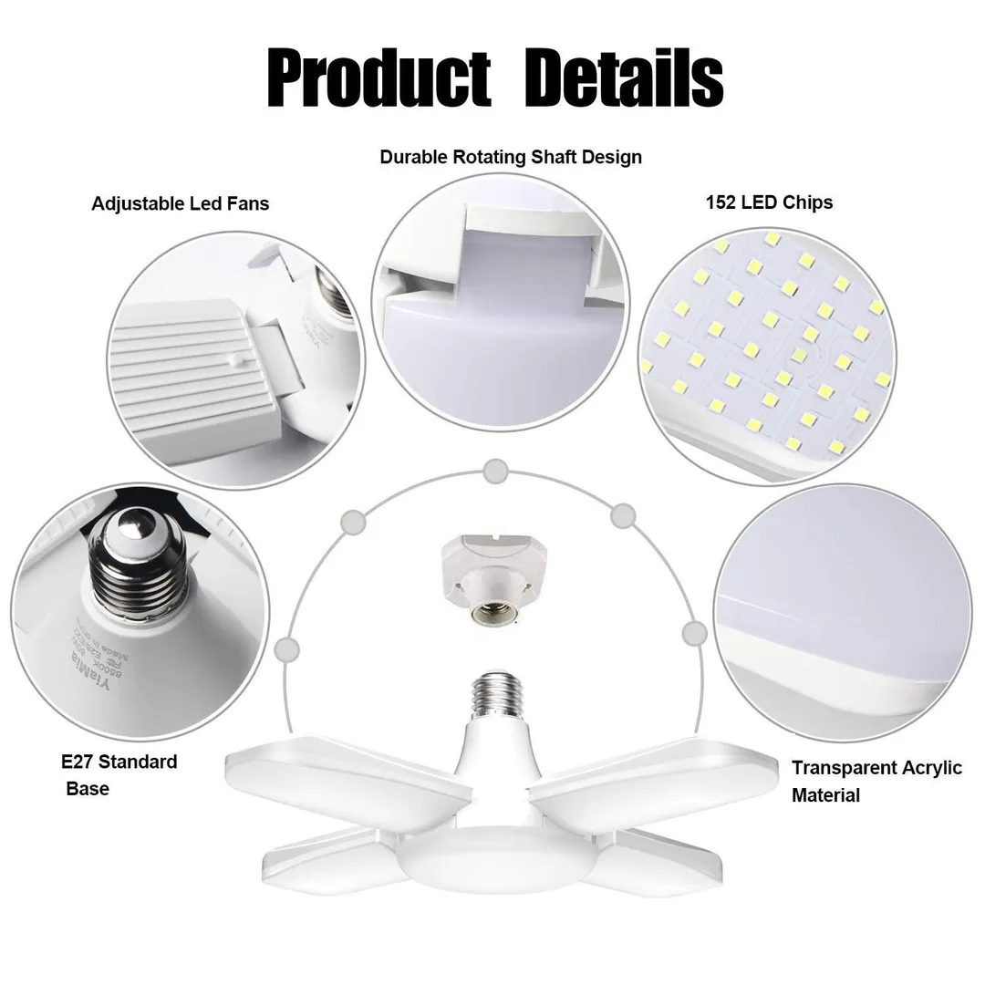 Stoneway 60W LED Garage Lights, Trilights LED Garage Ceiling Lighting, High Low Bay Deformable Adjustable Led Light Bulbs 5500LM 6000K, Screw in Tribright Garage Lighting Fixture, photo 4 of 10