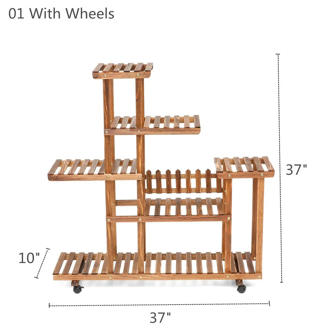 6 Tier  With Wheels Pot Flower Wooden Plant Stand Movable Shelf Wood Planters Shelving Rack Raised Garden Beds for Indoors Outdoor Patio Yard Home Decoration, photo 2 of 10