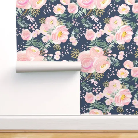 Peel-and-Stick Removable Wallpaper Navy Floral Pink Watercolour Flowers Bunches
