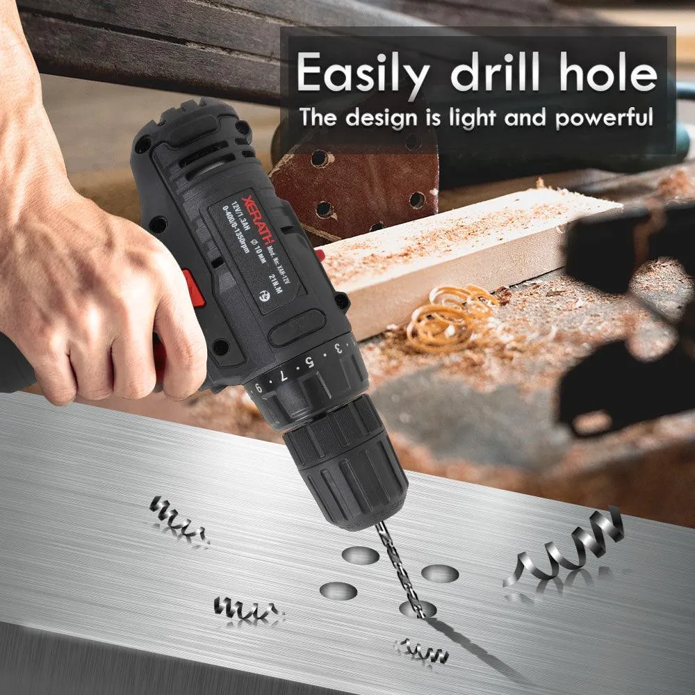 XERATH Cordless Drill/Driver Kit, 48pcs Drill Set Lithium-Ion Battery Brushes Tape Measure - 12V Max Drill 280 In-lb Torque, 18+1 Metal Clutch, 3/8" Keyless Chuck, Built-in LED - Wood Bricks Walls Metal, photo 3 of 6