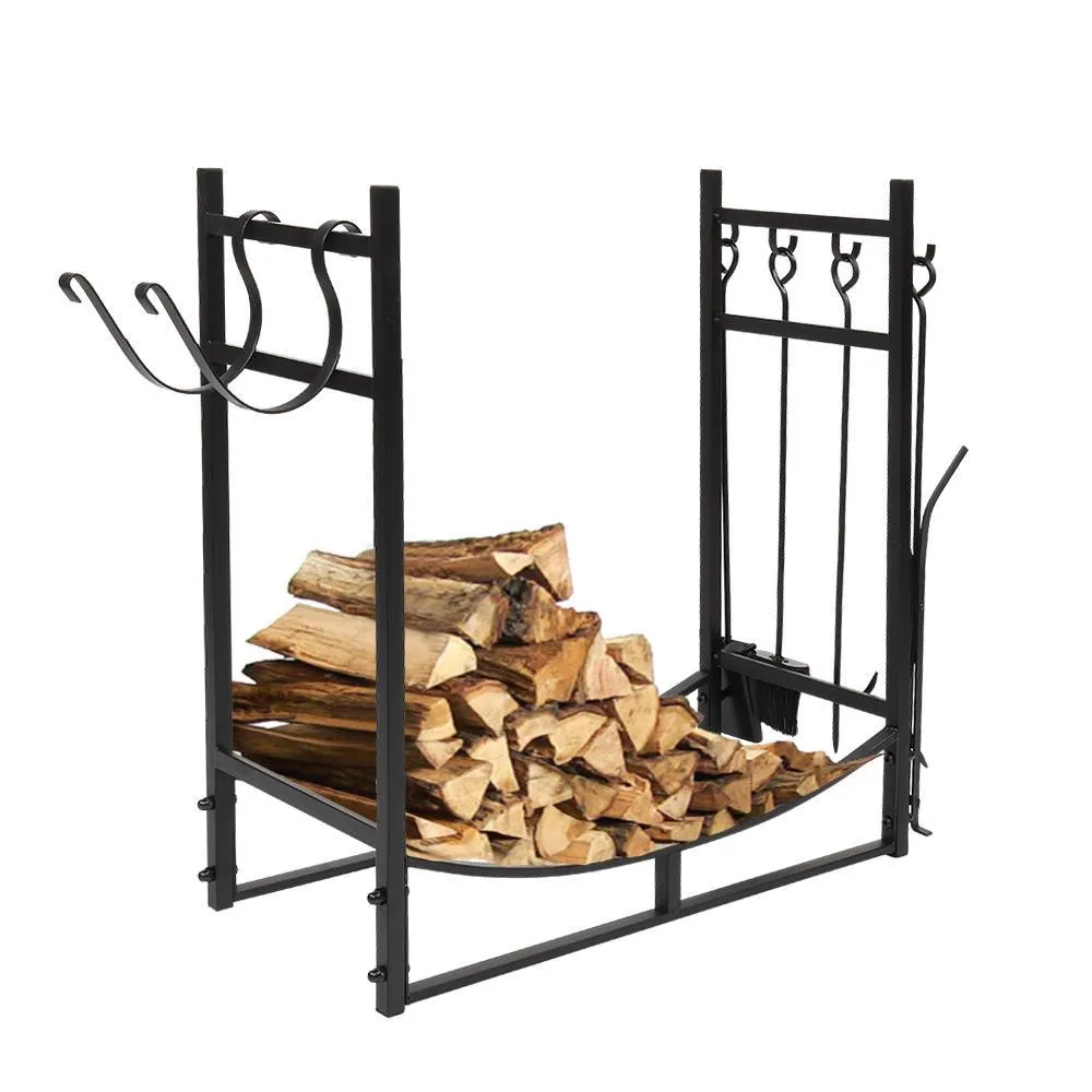 Ktaxon 36" Firewood Rack Indoor Fireplace Tool Rack Outdoor Log Rack with 4 Tools Wood Holder Bin Firewood Holders Lumber Storage Stacking Black Wrought Iron Fireplace Logs Holder Stove, photo 5 of 8