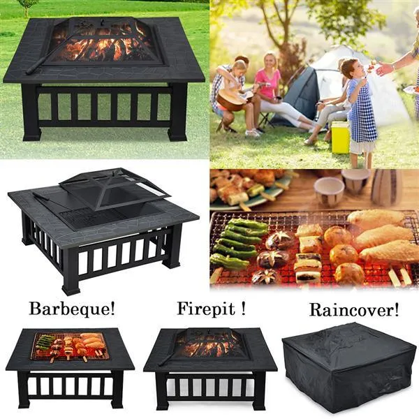 SmileMart 32" Metal Square Fire Pit Garden Stove Brazier Square Metal Brazier with Poker For Barbecue, Heating, Cooling Drinks w/Cover & Poker Black Outdoor, photo 7 of 10