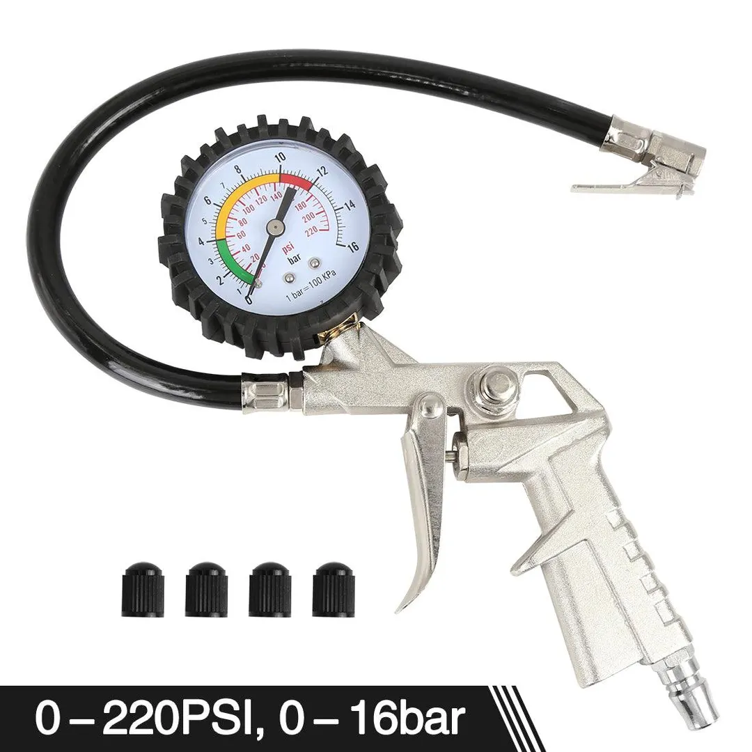 Unique Bargains Car Tire Inflator Air Pressure Gauge 220 PSI with Lock On Chuck Rubber Hose, photo 3 of 7