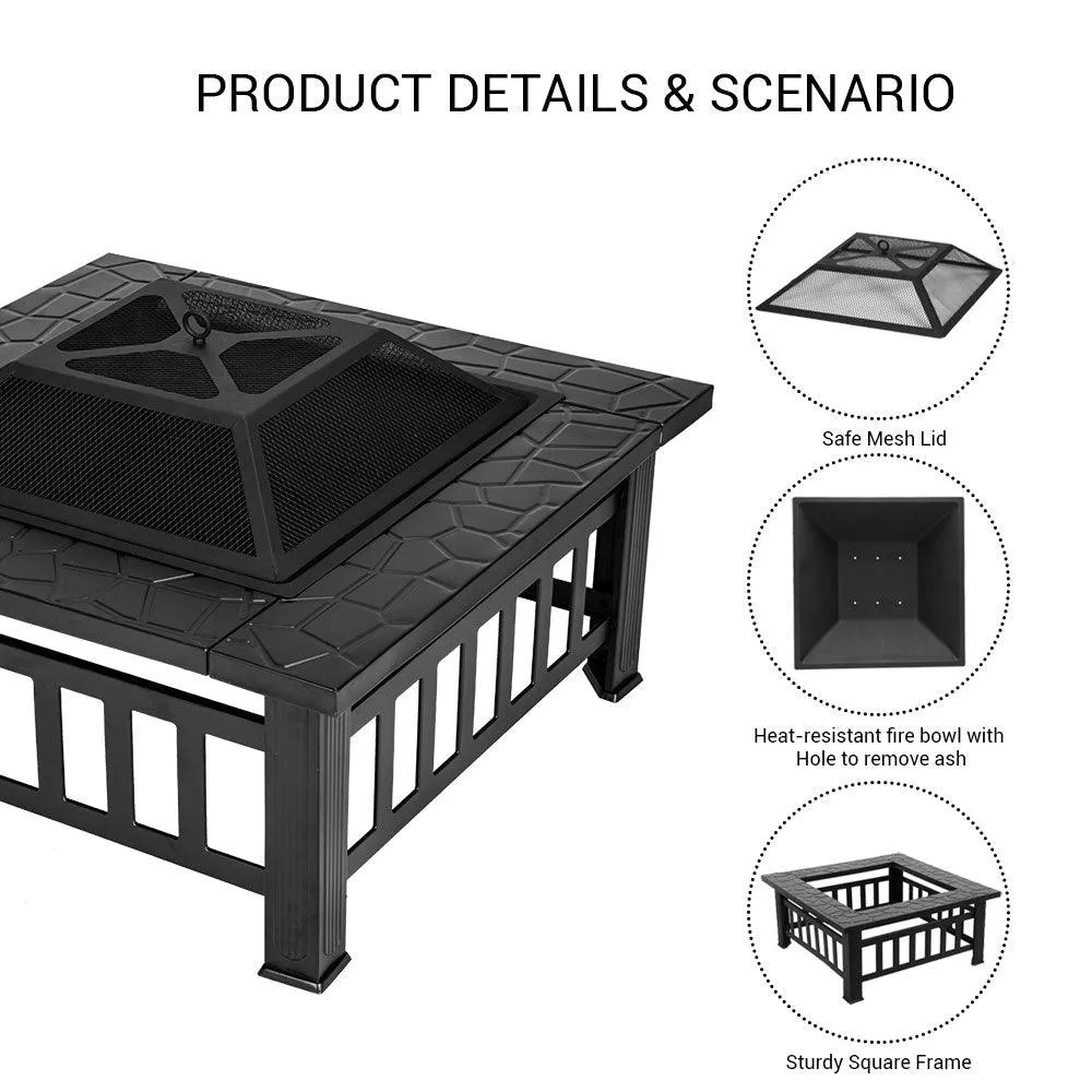 SINOWELL Outdoor Fire Pit Square Metal Firepit Backyard Patio Garden Stove Wood Burning Fire Pit W/Rain Cover, Black, photo 4 of 8