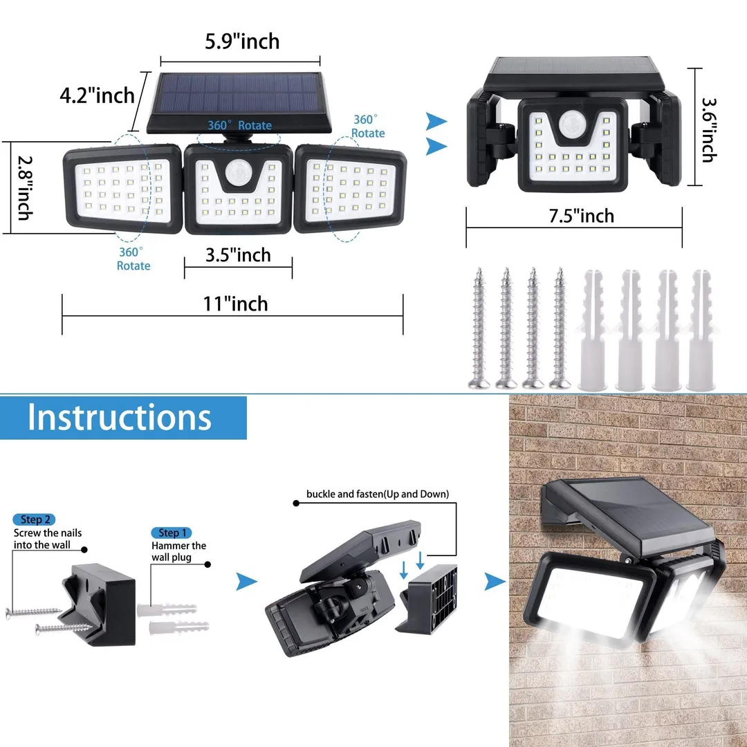 Baloray 3 Pack,BALORAY Solar Motion Sensor Light Outdoor Solar Security Light, 2000LM 6500K, LED Security Lights Motion Outdoor, 3 Heads Solar Flood Lights Outdoor, IP65 Waterproof Solar Lights Outdoor,Yard, photo 2 of 8