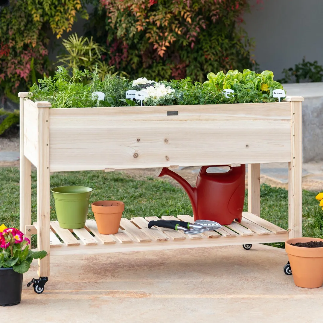 Best Choice Products Raised Garden Bed 48x24x32in Mobile Elevated Wood Planter w/ Lockable Wheels, Storage Shelf, Liner, photo 7 of 7