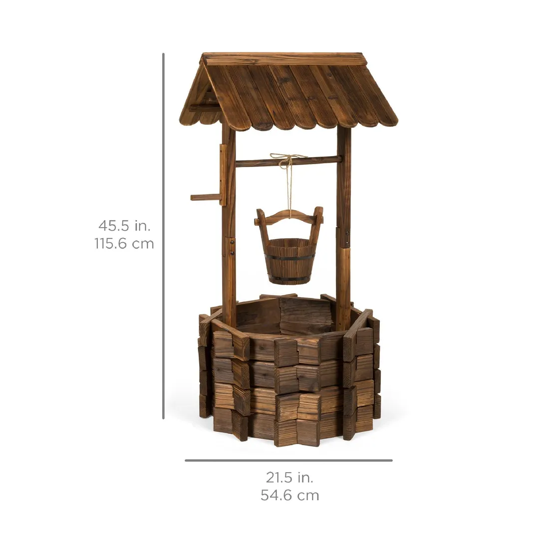 Best Choice Products Rustic Wooden Wishing Well Planter Outdoor Home Decor for Patio, Garden, Yard w/ Hanging Bucket, photo 7 of 7