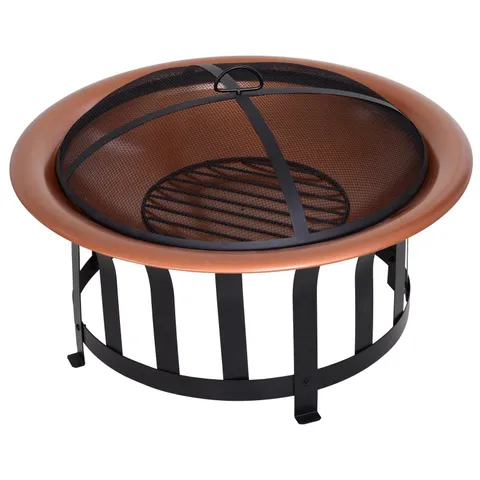 Copper-Colored Round Metal Wood Fire Pit Bowl with Black Ornate Base